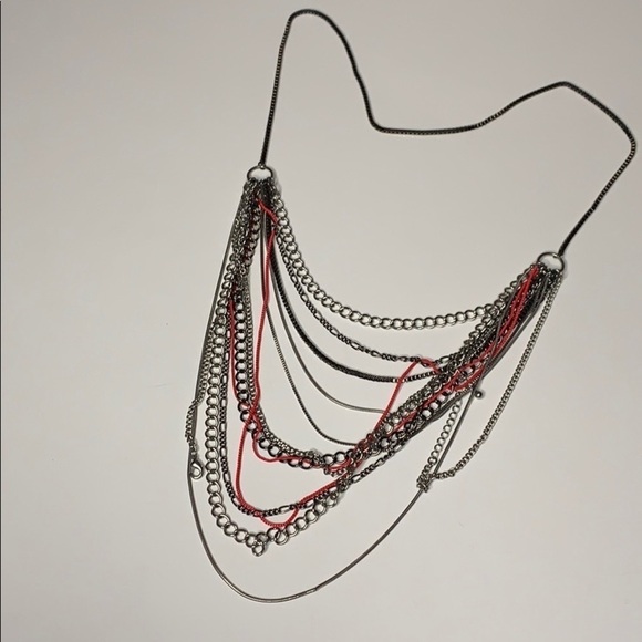 Metal Layered Silver 11 Chain metal Rock Necklace hot pink artisan made - Picture 3 of 8